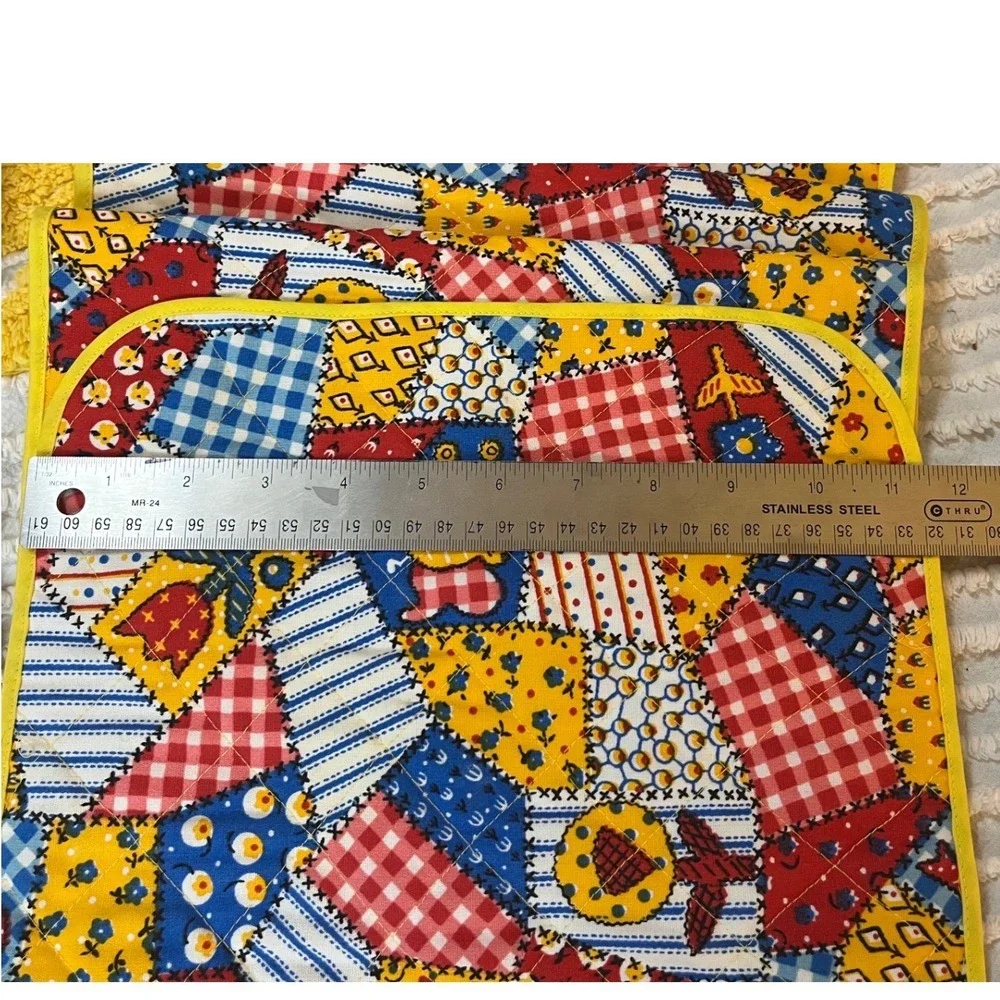 Vintage Quilted Patchwork Placemats Set of 4‎ Yellow Red gingham Blue Farmhouse